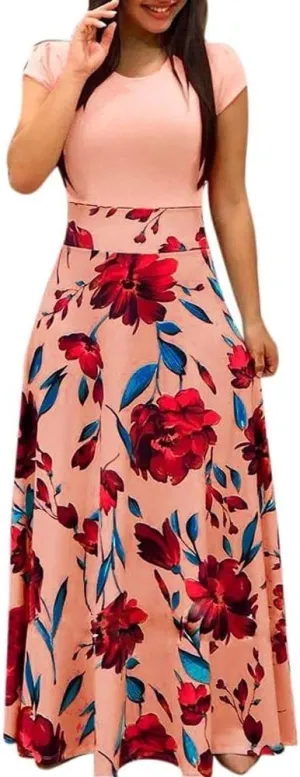 Plus Size Dresses for Curvy Women Short/Long Sleeve Floral Maxi Dress 2024 Fall Casual Crewneck High Waist Long Dress