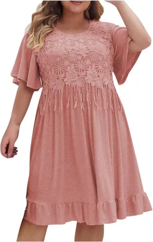 Plus Size Lace Patchwork Mini Dress for Women Elegant Crew Neck Short Sleeve Ruffle A Line Dresses 2025 Summer