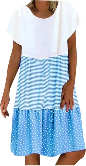 Plus Size Summer Dresses for Women Polka Dot Striped Patchwork Cute Dress Casual Loose Short Sleeve Comfy Dresses
