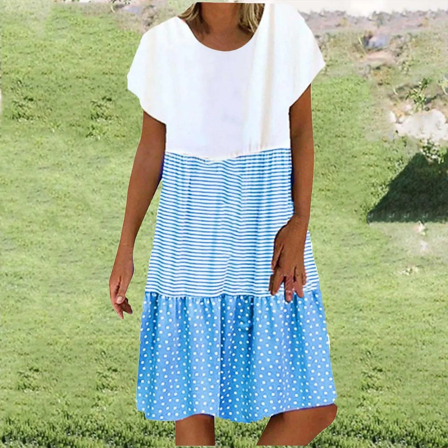 Plus Size Summer Dresses for Women Polka Dot Striped Patchwork Cute Dress Casual Loose Short Sleeve Comfy Dresses