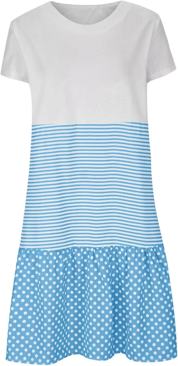 Plus Size Summer Dresses for Women Polka Dot Striped Patchwork Cute Dress Casual Loose Short Sleeve Comfy Dresses