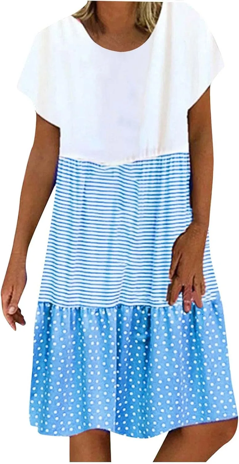 Plus Size Summer Dresses for Women Polka Dot Striped Patchwork Cute Dress Casual Loose Short Sleeve Comfy Dresses