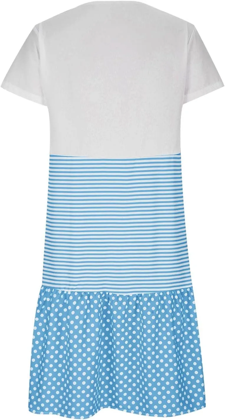 Plus Size Summer Dresses for Women Polka Dot Striped Patchwork Cute Dress Casual Loose Short Sleeve Comfy Dresses