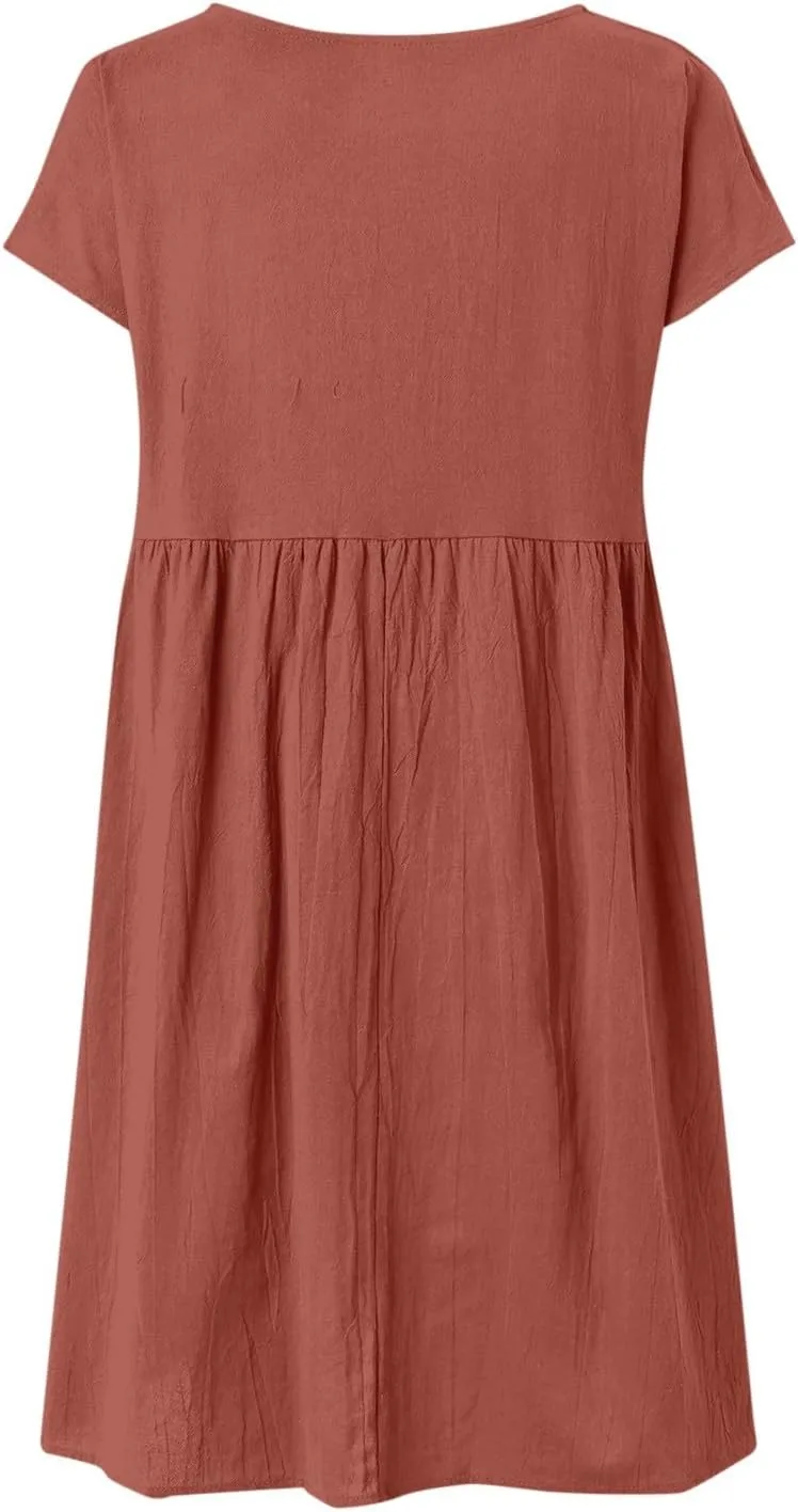 PTOLOCIF 2024 Fashion Summer OL Temperament Women's and Linen Round Neck A Line Skirt Plus Size Loose Dress Summer Dress