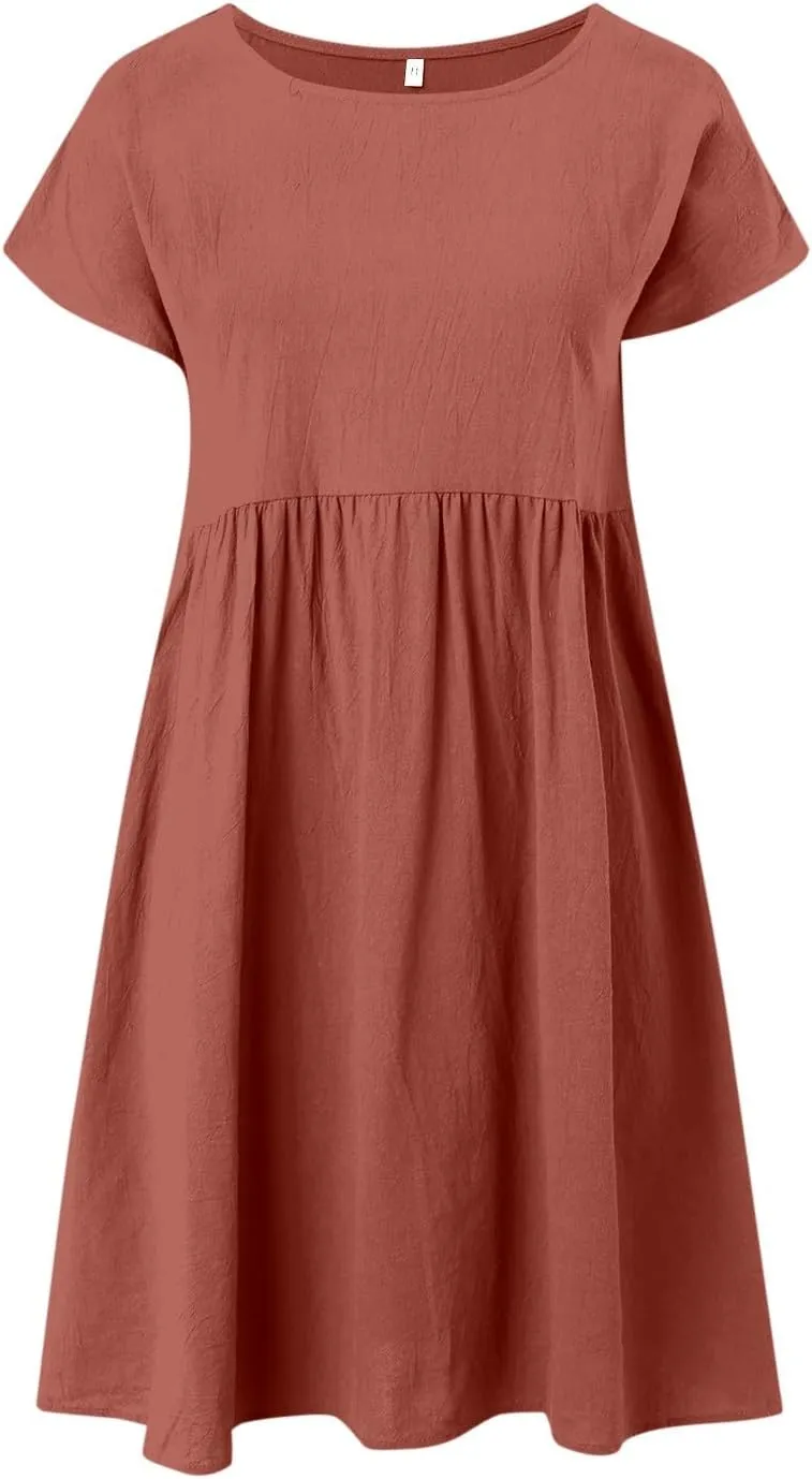 PTOLOCIF 2024 Fashion Summer OL Temperament Women's and Linen Round Neck A Line Skirt Plus Size Loose Dress Summer Dress