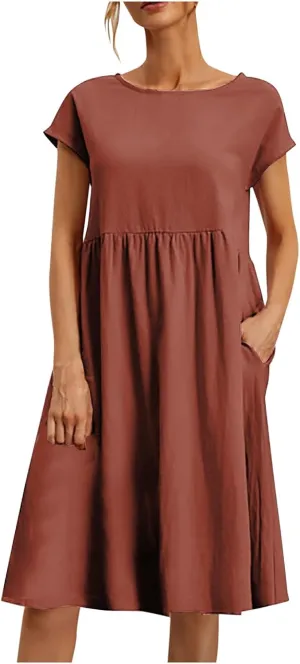 PTOLOCIF 2024 Fashion Summer OL Temperament Women's and Linen Round Neck A Line Skirt Plus Size Loose Dress Summer Dress