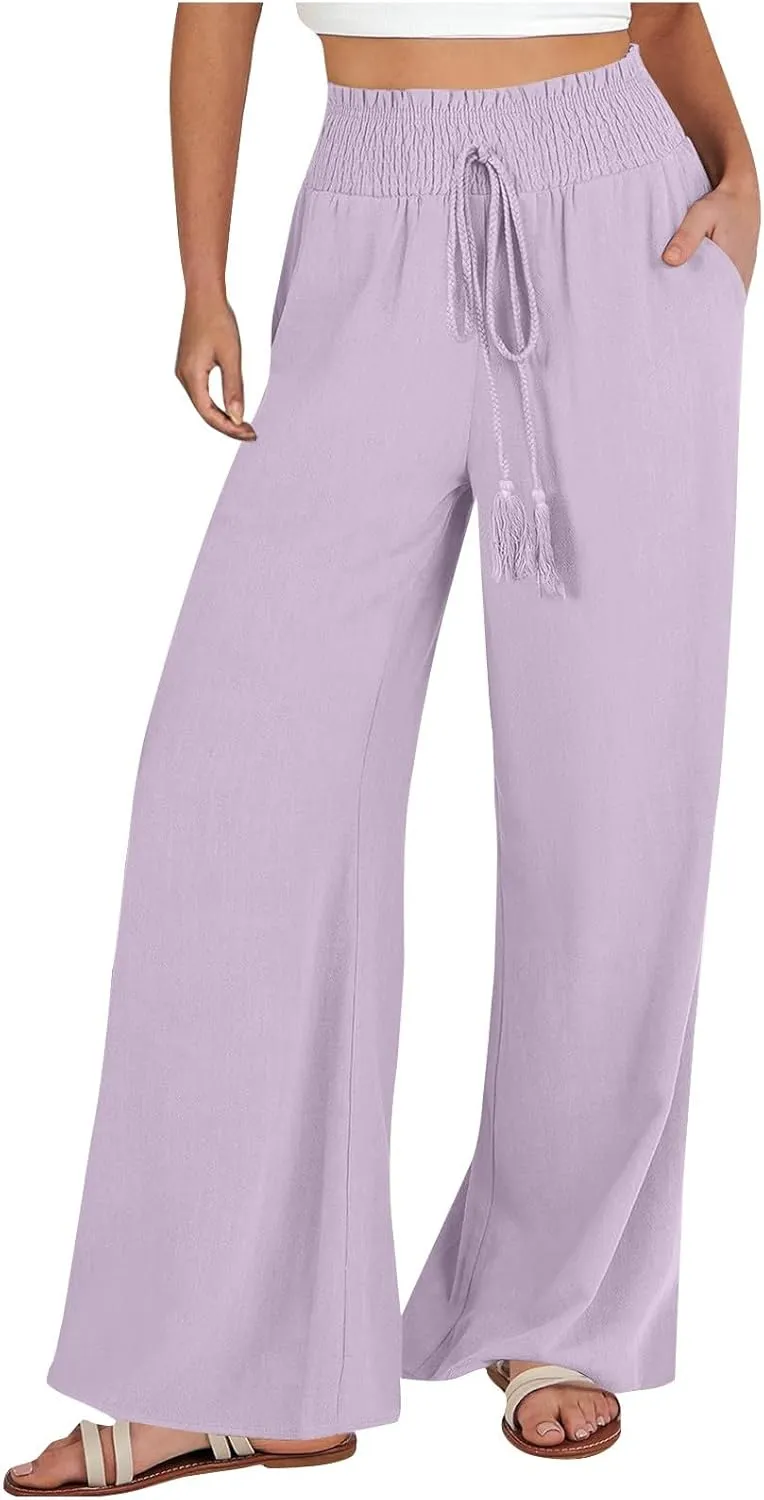 PTOLOCIF Cotton Linen Pants Women Wide Leg Palazzo Pants High Waisted Summer Casual Cotton Linen Boho Pants with Pockets
