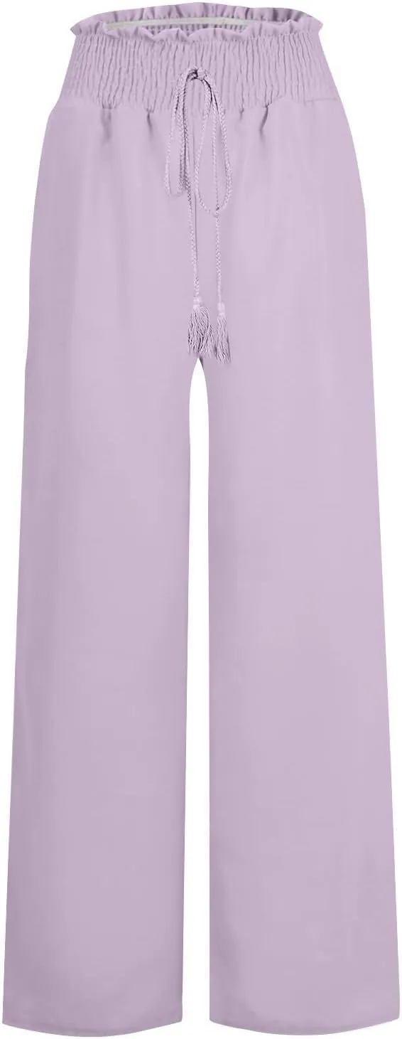 PTOLOCIF Cotton Linen Pants Women Wide Leg Palazzo Pants High Waisted Summer Casual Cotton Linen Boho Pants with Pockets