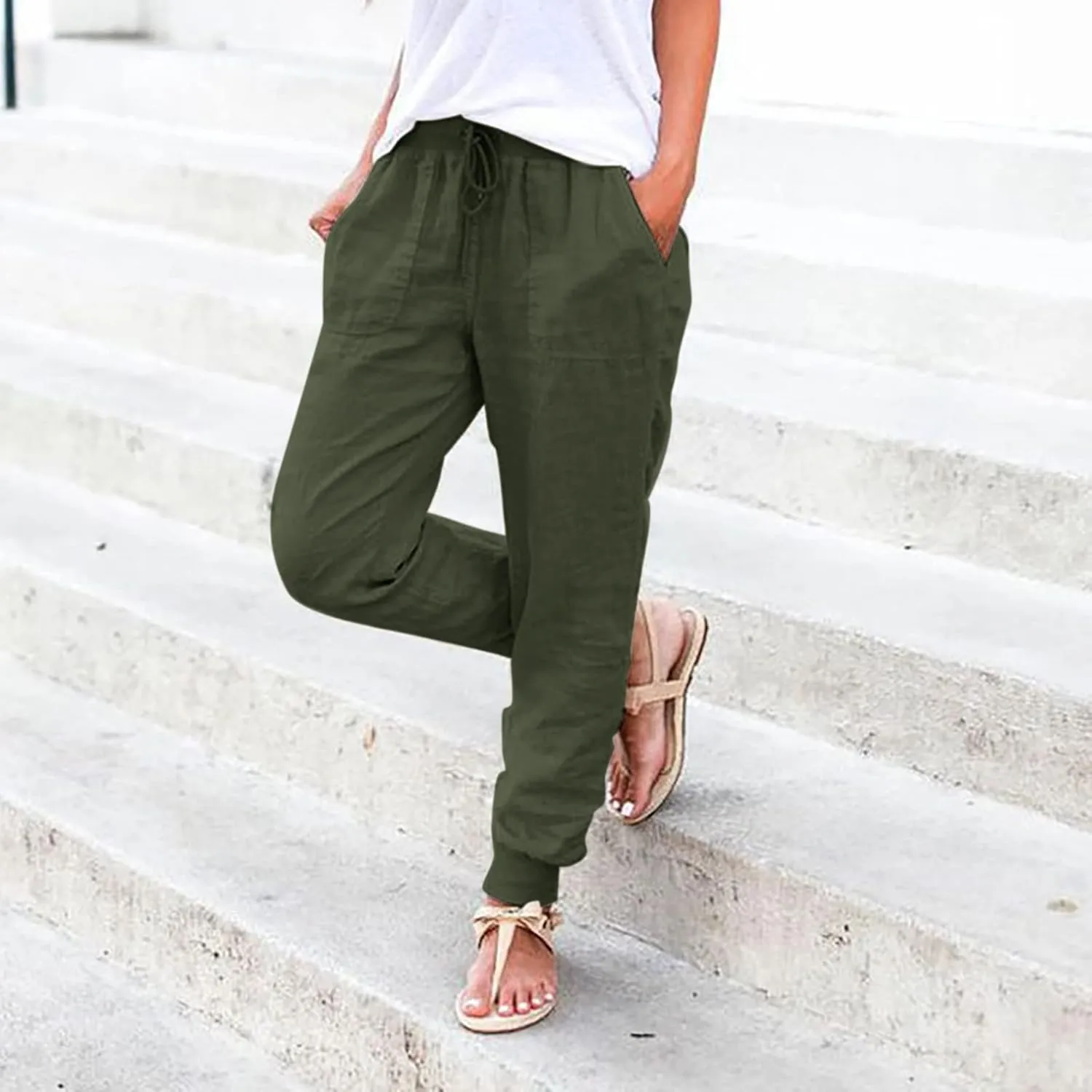 PTOLOCIF Linen Pants Women Wide Leg Casual Palazzo Pants Cotton Linen Lounge Beach Trousers Summer Boho Pant with Pockets