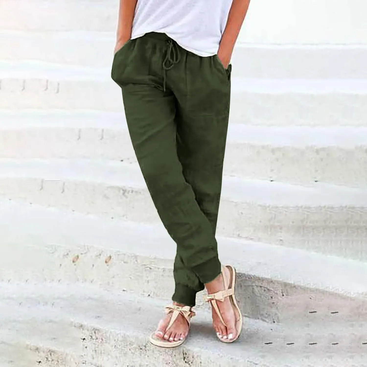 PTOLOCIF Linen Pants Women Wide Leg Casual Palazzo Pants Cotton Linen Lounge Beach Trousers Summer Boho Pant with Pockets
