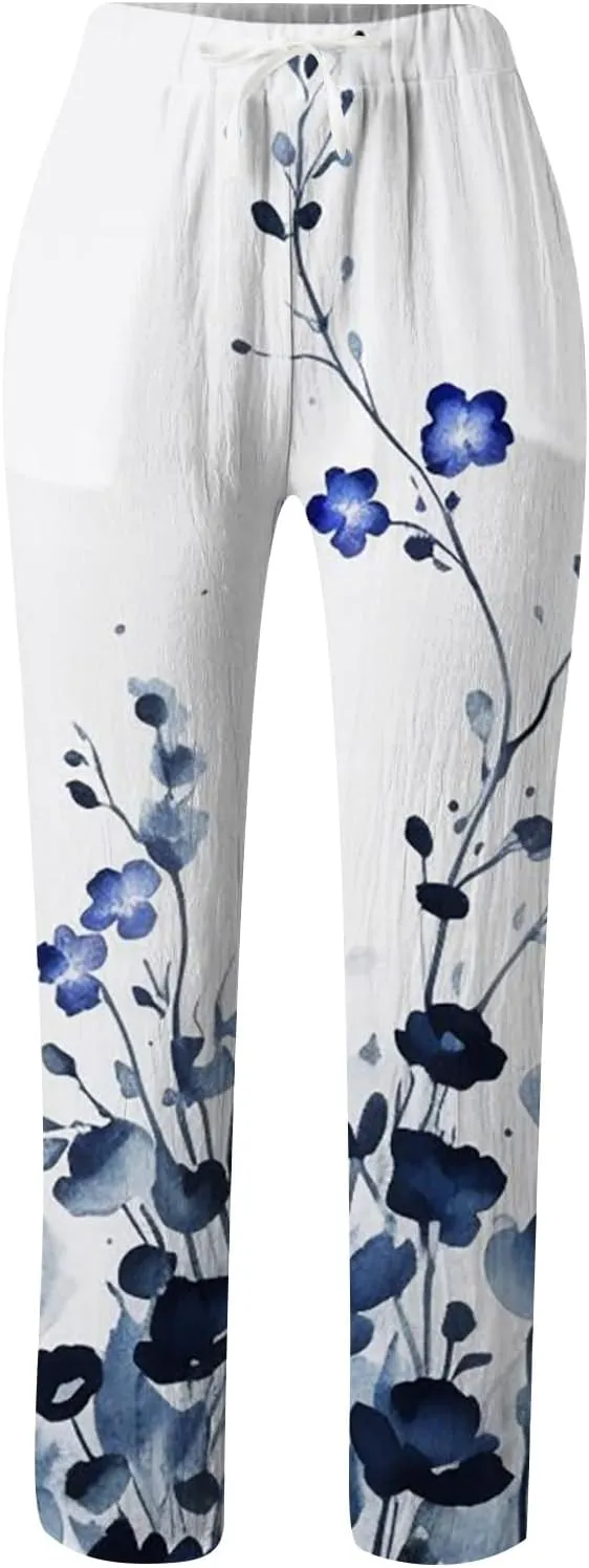 PTOLOCIF Petite Linen Pants for Women High Waisted Wide Leg Palazzo Pant Drawstring Casual Loose Pants Trousers with Pockets
