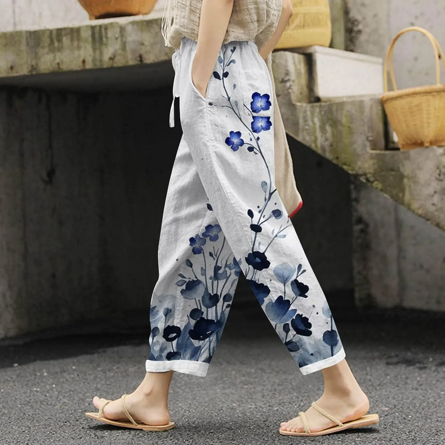 PTOLOCIF Petite Linen Pants for Women High Waisted Wide Leg Palazzo Pant Drawstring Casual Loose Pants Trousers with Pockets