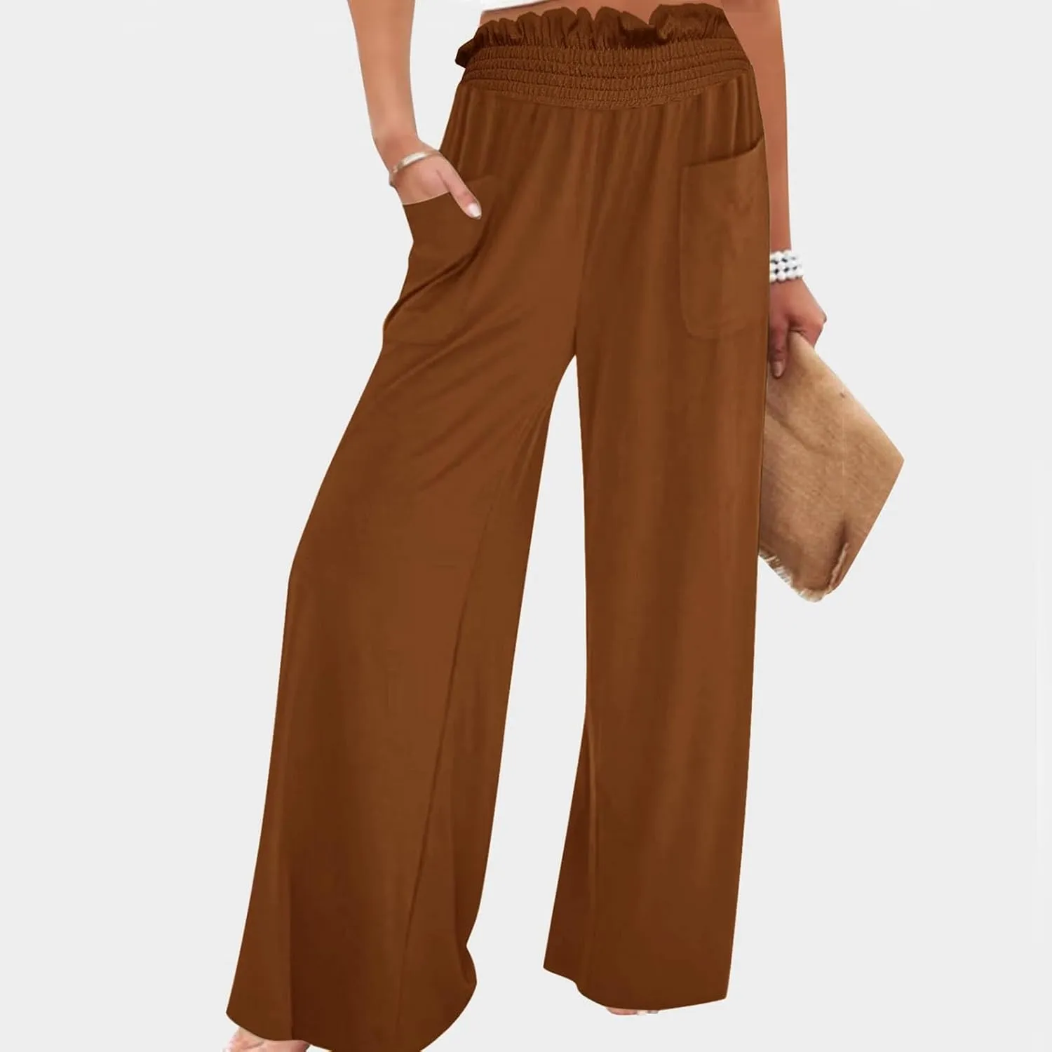 PTOLOCIF Petite Linen Pants for Women Summer Drawstring Waist Pants Wide Leg Loose Cotton Linen Palazzo Trousers with Pockets