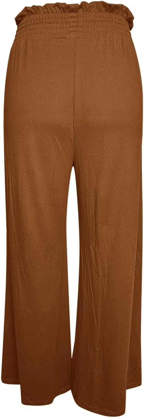 PTOLOCIF Petite Linen Pants for Women Summer Drawstring Waist Pants Wide Leg Loose Cotton Linen Palazzo Trousers with Pockets