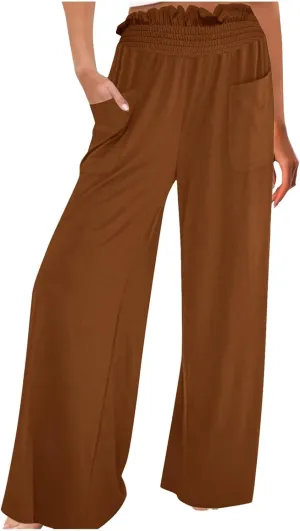 PTOLOCIF Petite Linen Pants for Women Summer Drawstring Waist Pants Wide Leg Loose Cotton Linen Palazzo Trousers with Pockets