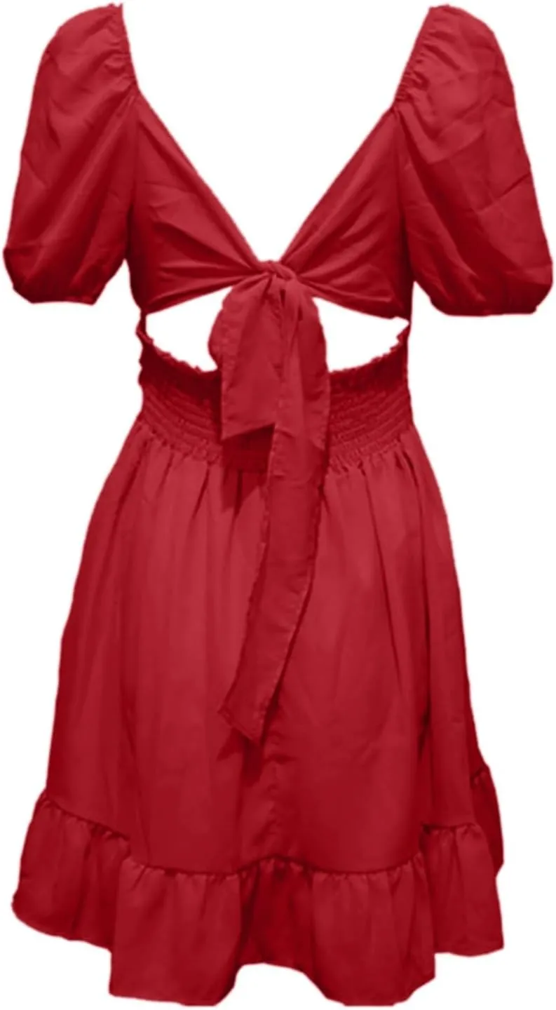 PTOLOCIF Summer Dresses for Women 2025 Square Neck Short Puff Sleeve Casual Dress Tie Back a Line Swing Mini Sundress