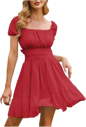 PTOLOCIF Summer Dresses for Women 2025 Square Neck Short Puff Sleeve Casual Dress Tie Back a Line Swing Mini Sundress