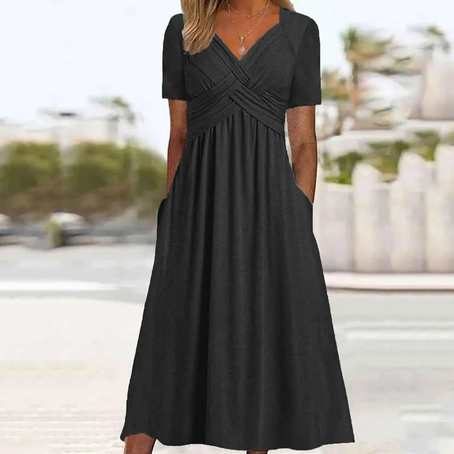 PTOLOCIF Women Fashion Solid Short Sleeve Casual Loose Long Dress with Pockets Dress for Women Beach Summer