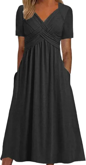 PTOLOCIF Women Fashion Solid Short Sleeve Casual Loose Long Dress with Pockets Dress for Women Beach Summer
