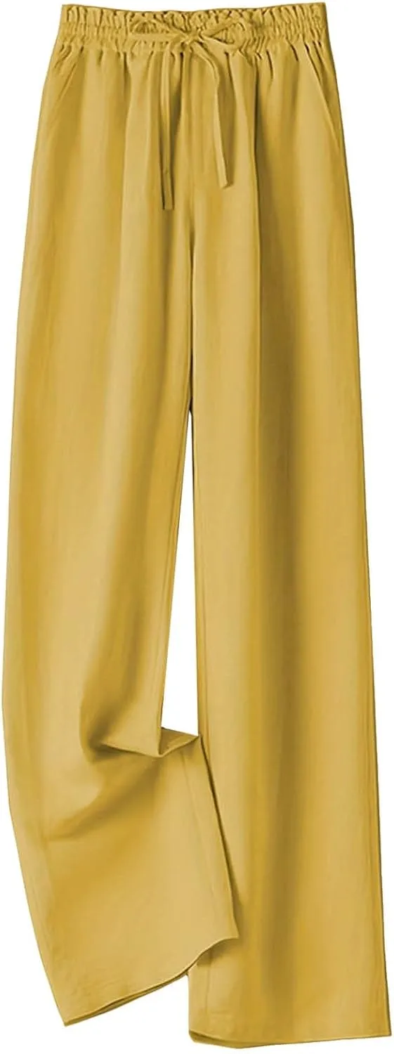 PTOLOCIF Women's Linen Blend Pants Casual Lightweight Wide Leg Palazzo Pant Drawstring Elastic Waist Pants with Pockets