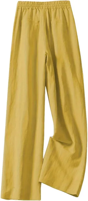 PTOLOCIF Women's Linen Blend Pants Casual Lightweight Wide Leg Palazzo Pant Drawstring Elastic Waist Pants with Pockets