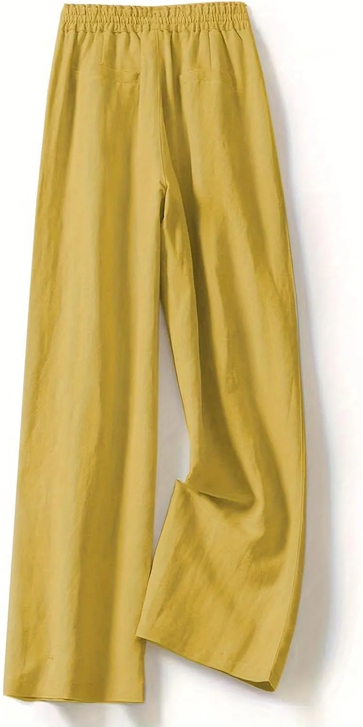 PTOLOCIF Women's Linen Blend Pants Casual Lightweight Wide Leg Palazzo Pant Drawstring Elastic Waist Pants with Pockets