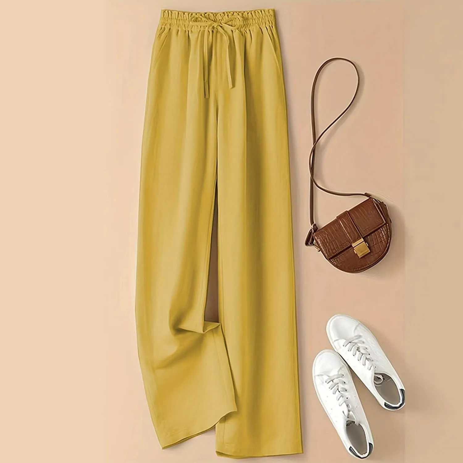 PTOLOCIF Women's Linen Blend Pants Casual Lightweight Wide Leg Palazzo Pant Drawstring Elastic Waist Pants with Pockets