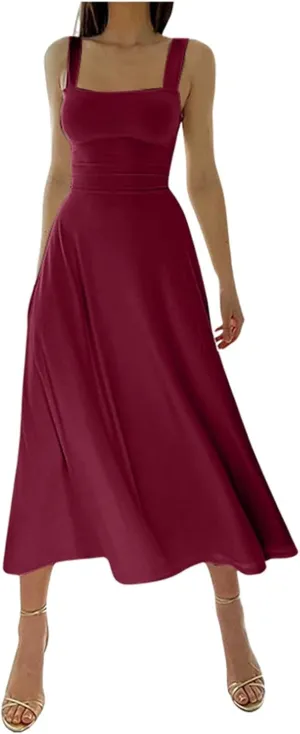 PTOLOCIF Women's Solid Color Thick Shoulder Strap Slim Fit Lace Up Waist Dress Casual Skirt Plus Size Dress Suits