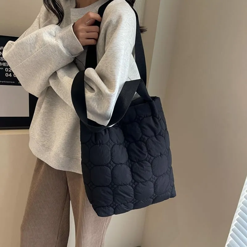 Puffer Bucket Bag for Women Large Capacity Shoulder Handbag with Quilted Plaid Design for Casual Daily Use or Travel