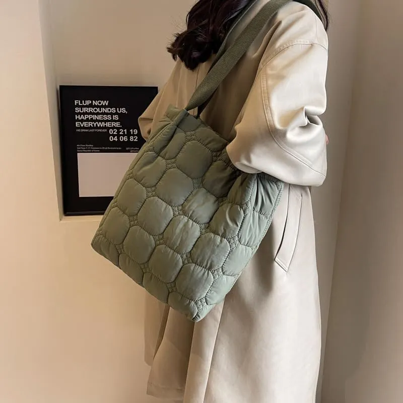 Puffer Bucket Bag for Women Large Capacity Shoulder Handbag with Quilted Plaid Design for Casual Daily Use or Travel