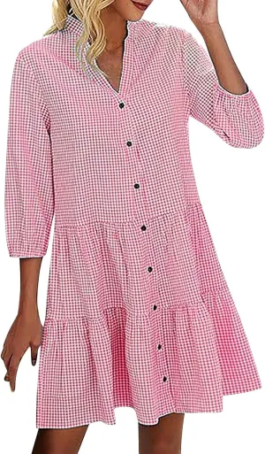QIGUAND Women Button Down Gingham Shirt Dress 3/4 Sleeve V Neck Tiered Ruffle Tunic Dresses Summer Cute Plaid Mini Dress