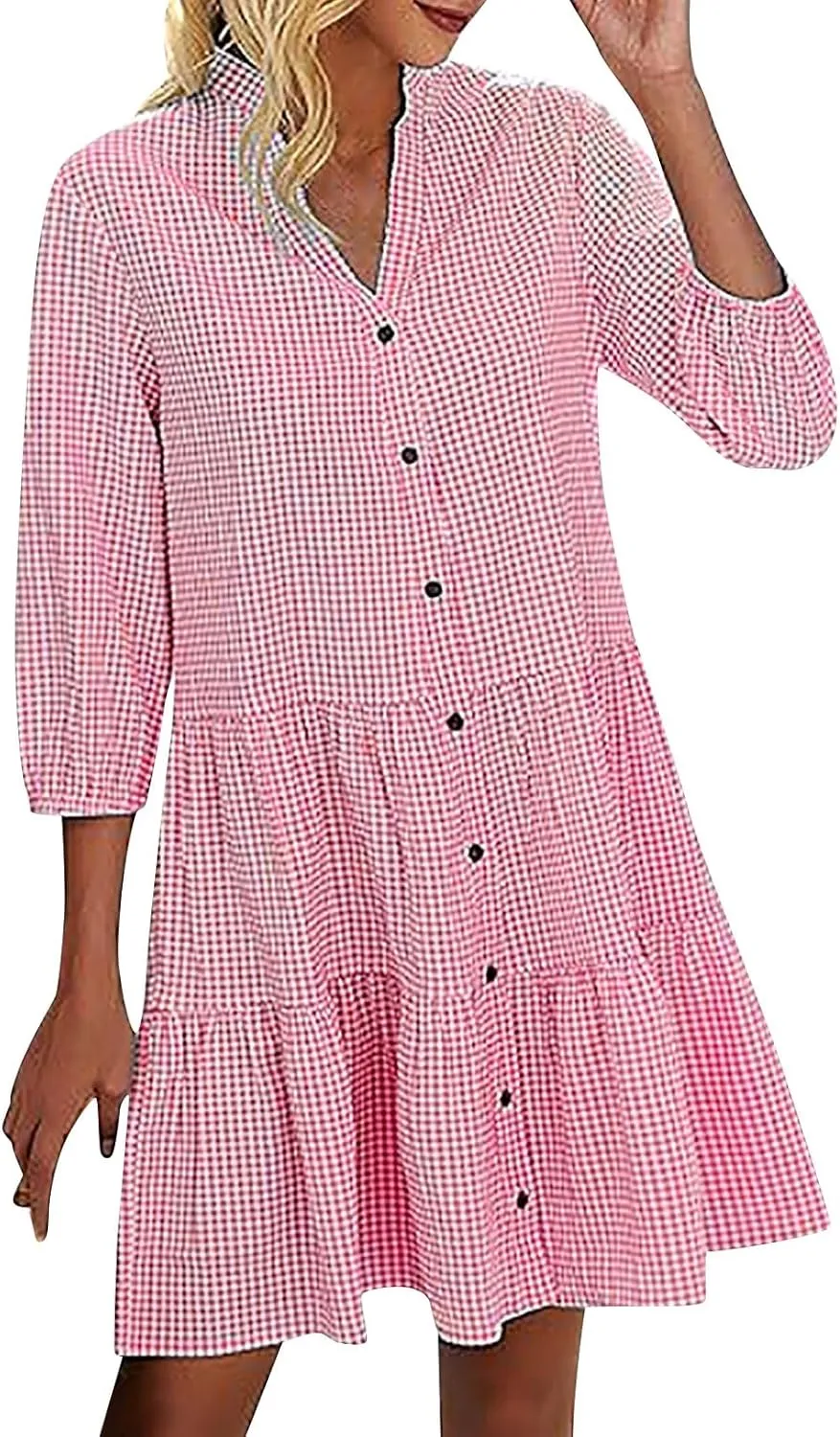 QIGUAND Women Button Down Gingham Shirt Dress 3/4 Sleeve V Neck Tiered Ruffle Tunic Dresses Summer Cute Plaid Mini Dress