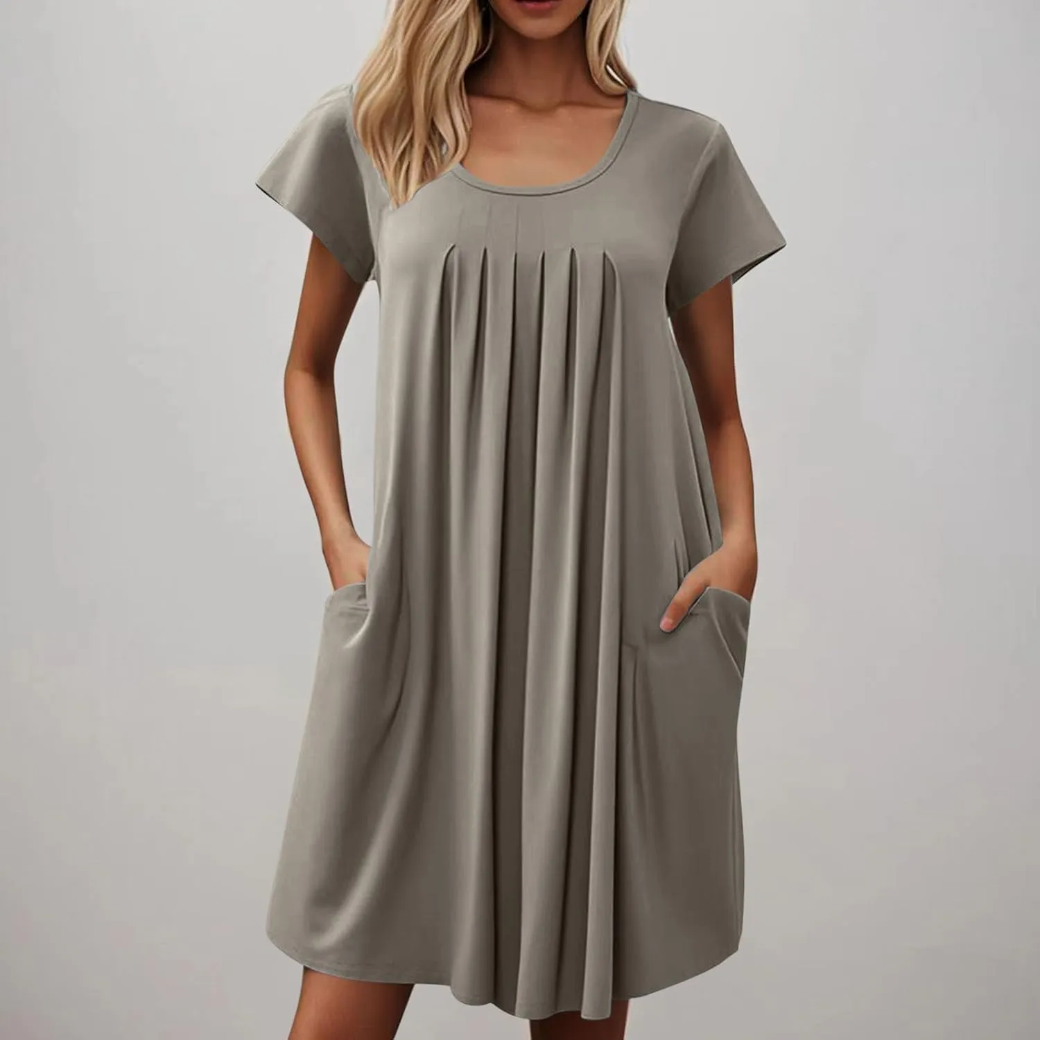 QIGUAND Women Pleats Draped T Shirt Dress Summer Short Sleeve Crewneck Mini Dresses Casual Comfy Loungewear Pjs Tunic Dress