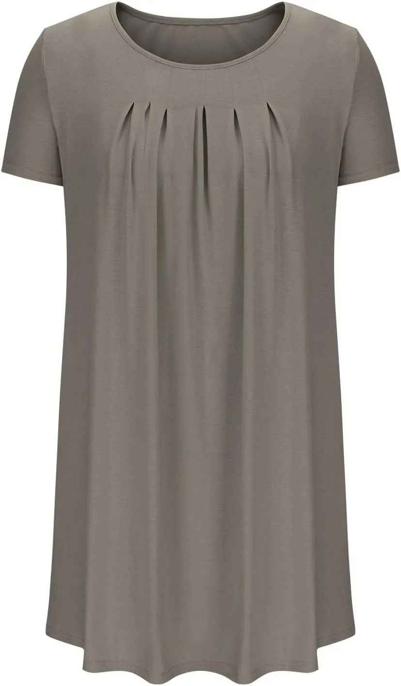 QIGUAND Women Pleats Draped T Shirt Dress Summer Short Sleeve Crewneck Mini Dresses Casual Comfy Loungewear Pjs Tunic Dress
