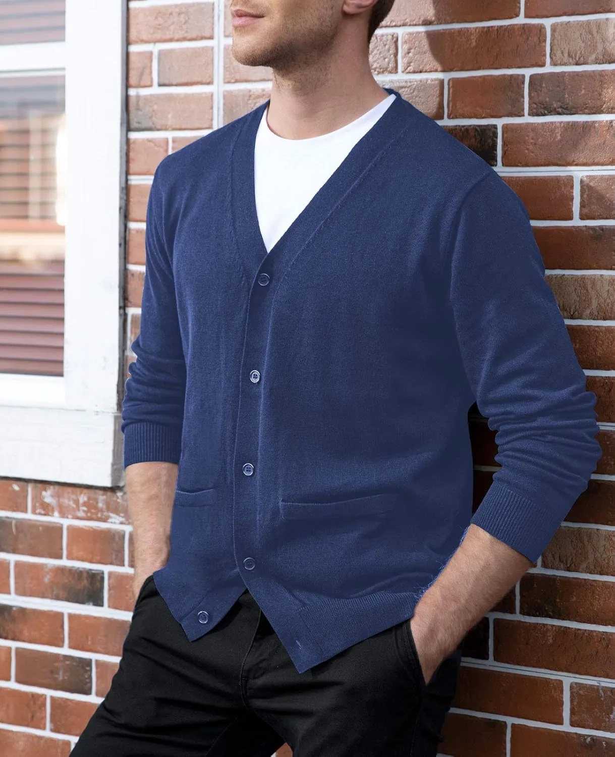 QUALFORT Men's 100% Cotton Cardigan Sweater Casual V-Neck Button Down Knitted Outerwear with Pockets