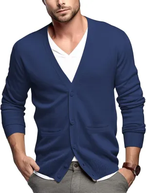 QUALFORT Men's 100% Cotton Cardigan Sweater Casual V-Neck Button Down Knitted Outerwear with Pockets