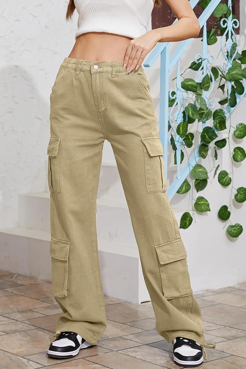 QYANGG Baggy Cargo Pants Women High Waist Pants for Women Loose Pocket Jogger Straight Wide Leg Y2K Cargo Pants