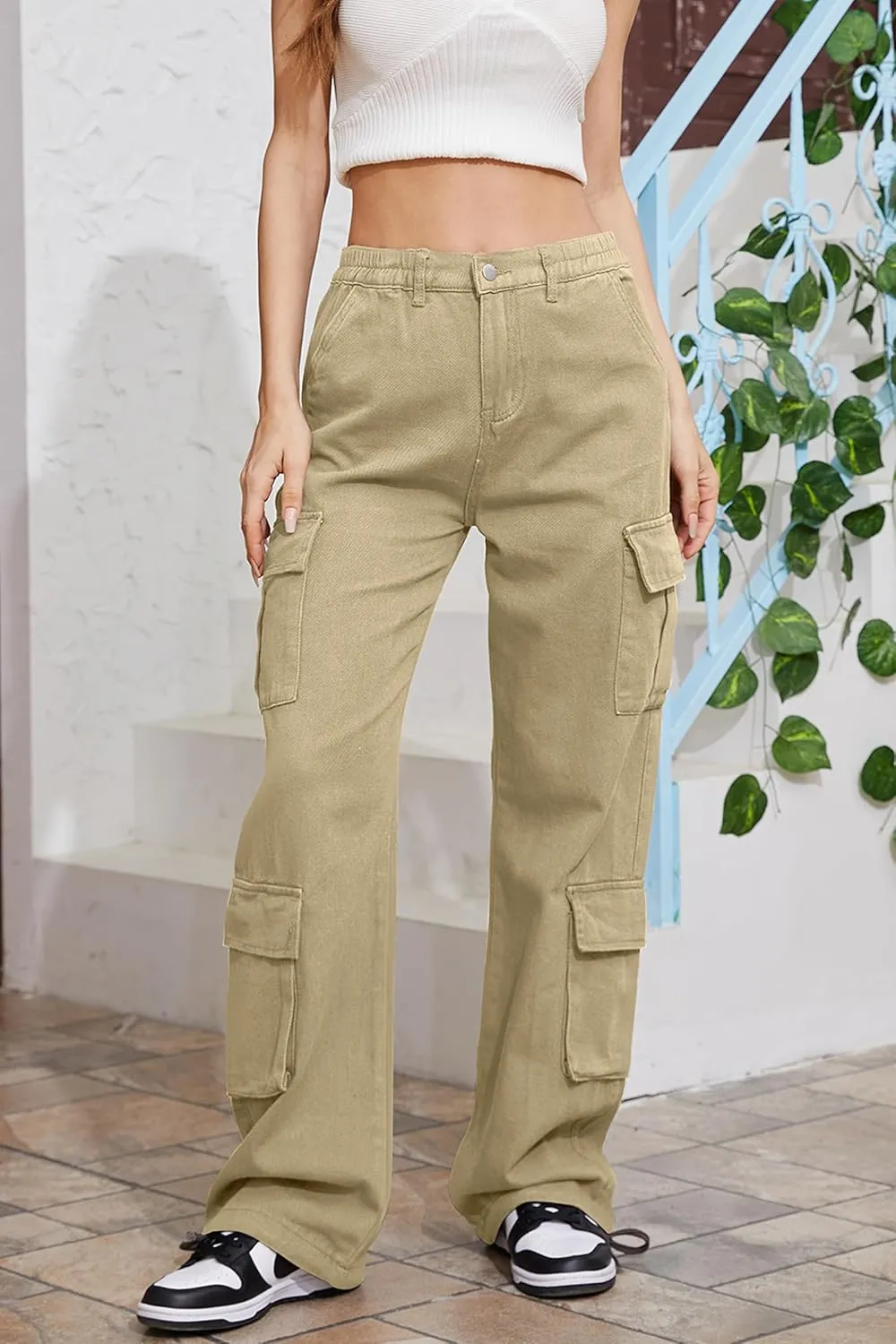 QYANGG Baggy Cargo Pants Women High Waist Pants for Women Loose Pocket Jogger Straight Wide Leg Y2K Cargo Pants