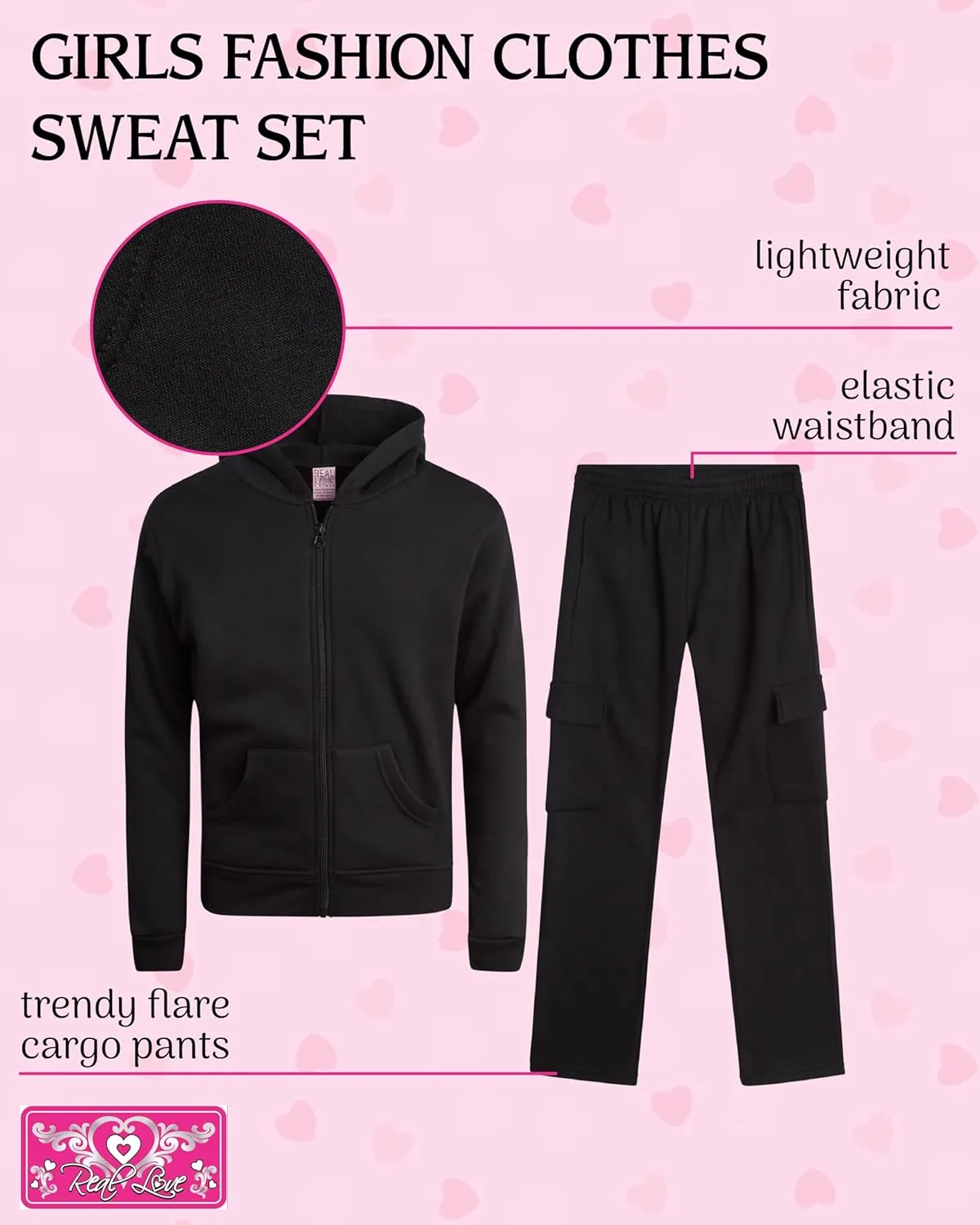 Real Love Girls' Jog Set - 2 Piece Soft Fleece Zip Up Hoodie and Flare Cargo Pants - Activewear Set for Girls (Sizes: 7-16)