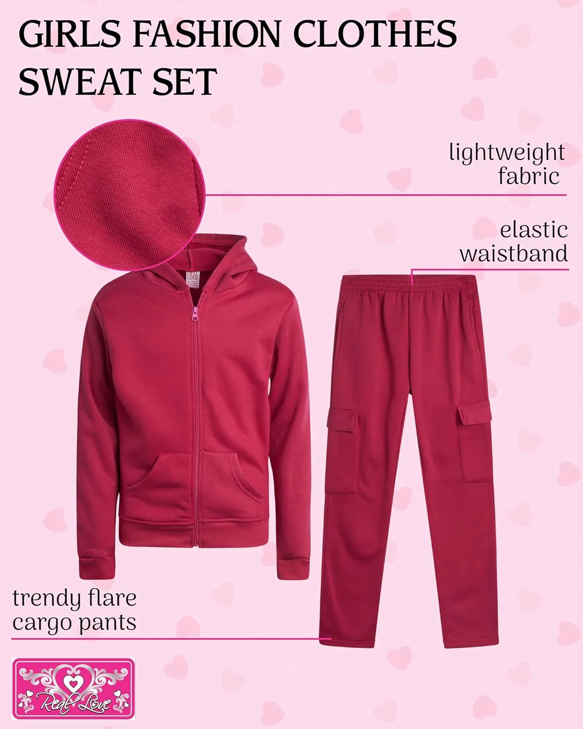 Real Love Girls' Jog Set - 2 Piece Soft Fleece Zip Up Hoodie and Flare Cargo Pants - Activewear Set for Girls (Sizes: 7-16)