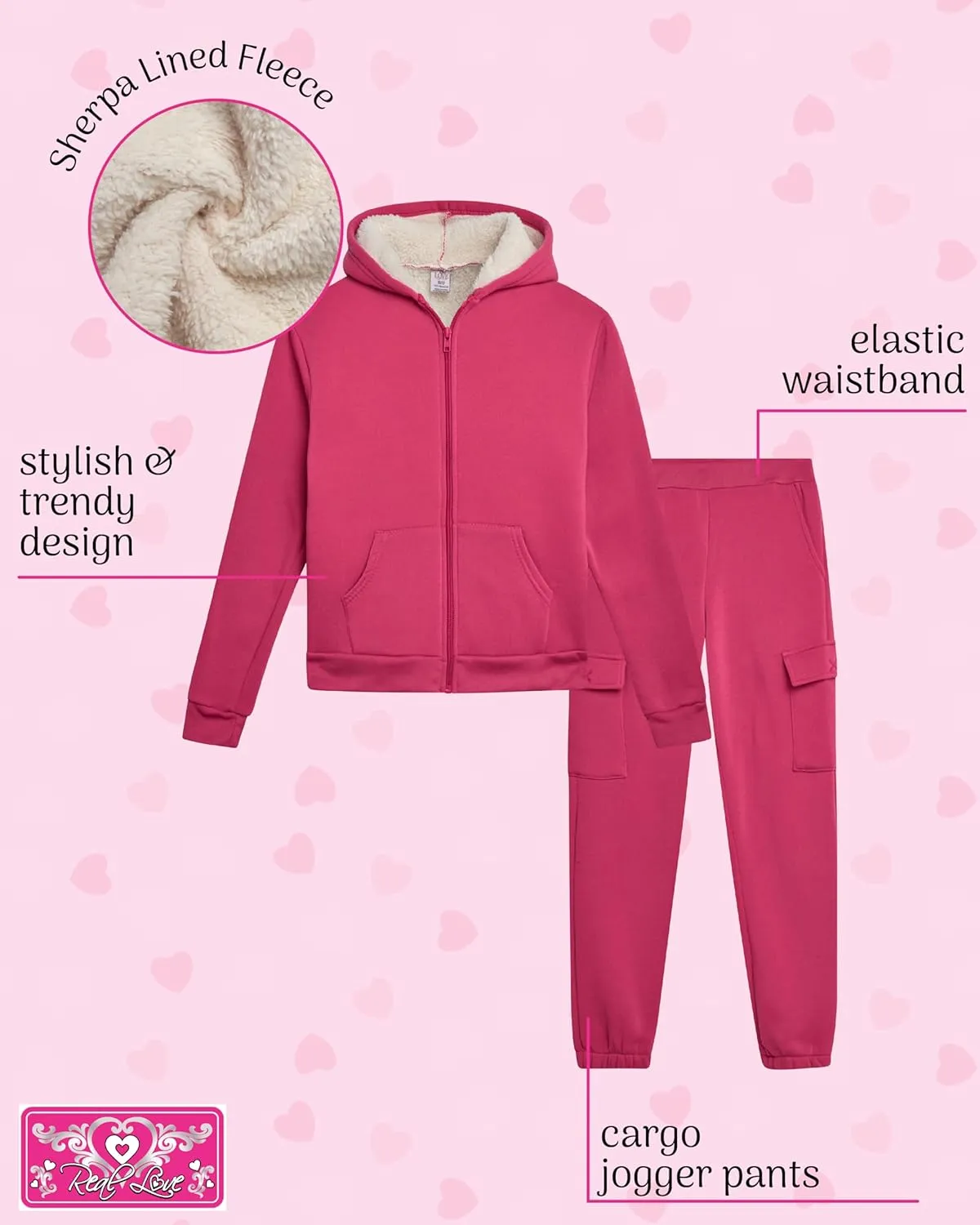 Real Love Girls' Jogger Set - 2 Piece Fully Sherpa Lined Fleece Zip Up Hoodie and Cargo Jogger Pants for Girls (5-16)