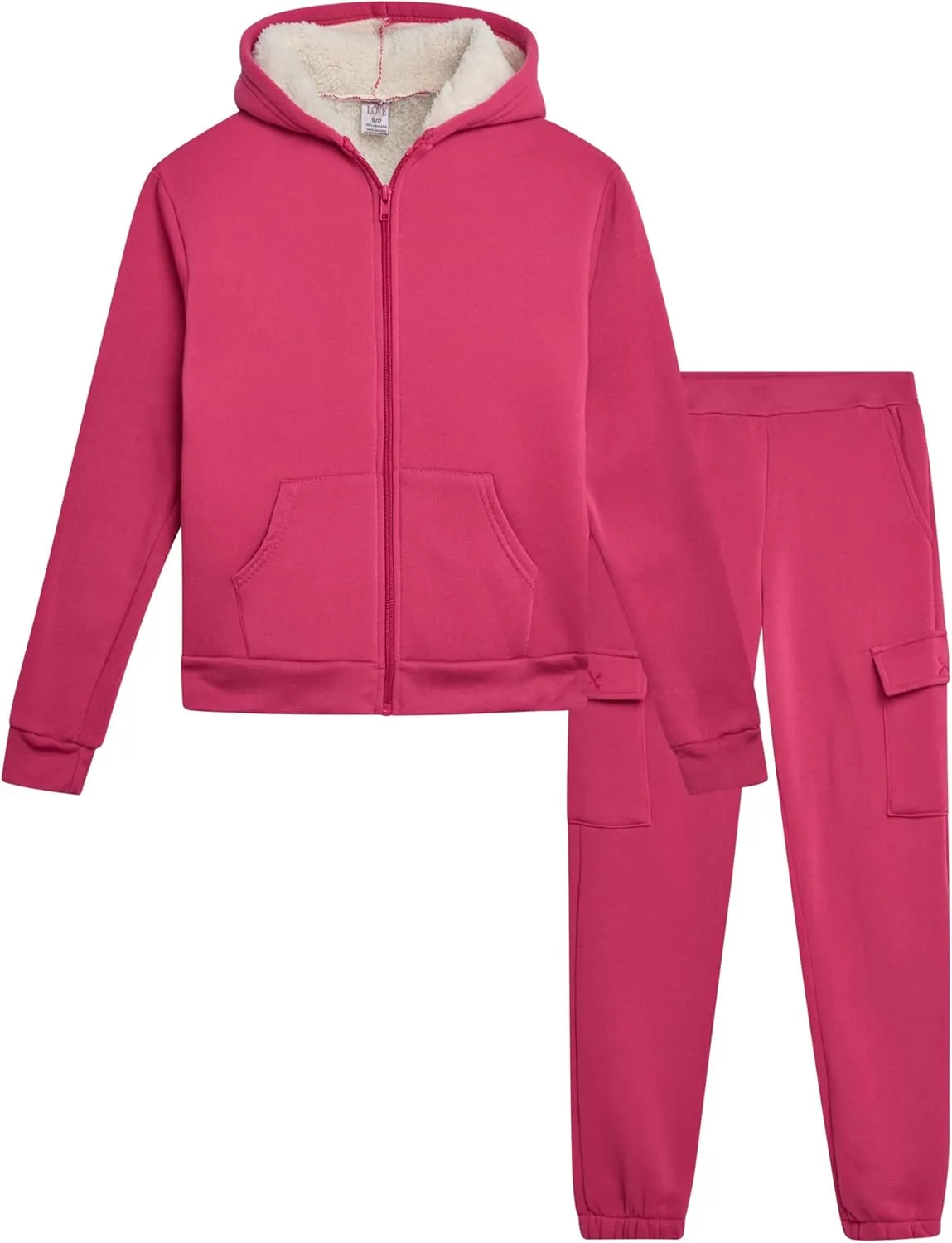 Real Love Girls' Jogger Set - 2 Piece Fully Sherpa Lined Fleece Zip Up Hoodie and Cargo Jogger Pants for Girls (5-16)