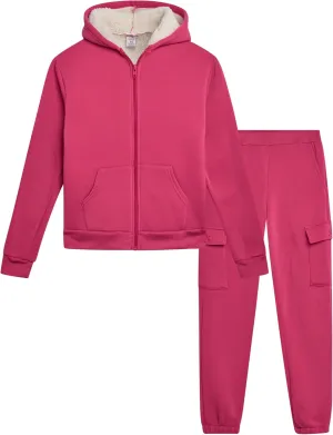 Real Love Girls' Jogger Set - 2 Piece Fully Sherpa Lined Fleece Zip Up Hoodie and Cargo Jogger Pants for Girls (5-16)