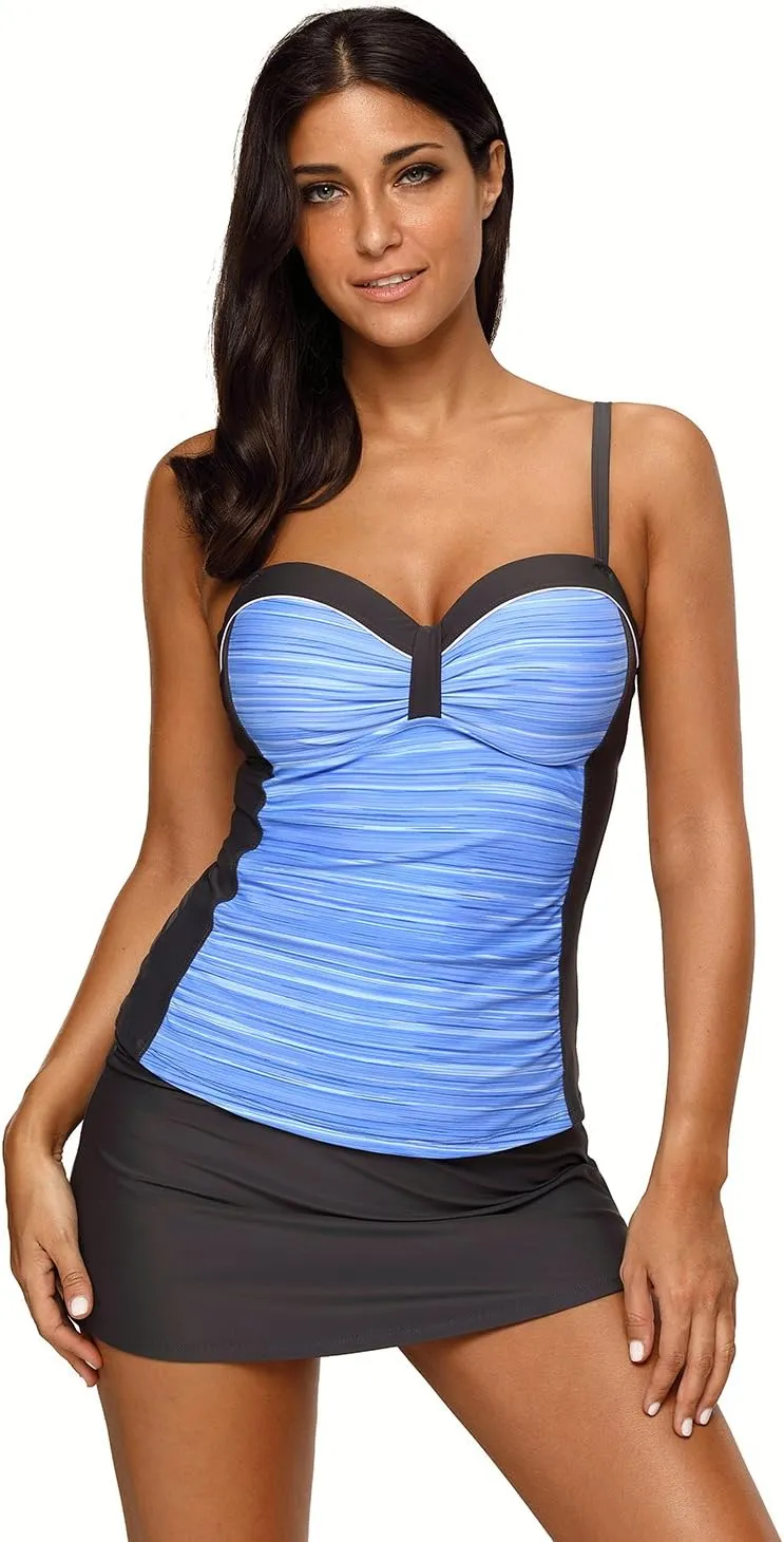 REKITA Womens Swimsuit Halter Tankini Top and Skort Bottom Set Bathing Suits