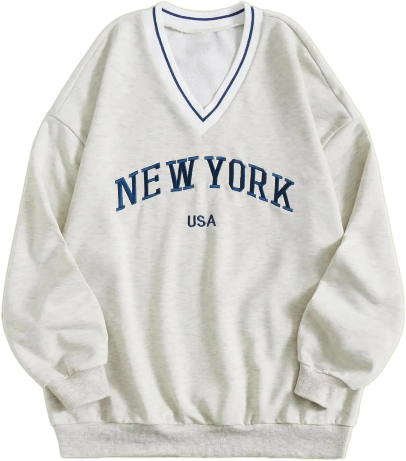 Remidoo Womens New York Embroidered V Neck Sweatshirt Oversized Long Sleeve Pullover Top