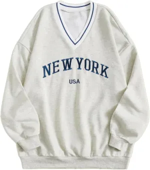 Remidoo Womens New York Embroidered V Neck Sweatshirt Oversized Long Sleeve Pullover Top