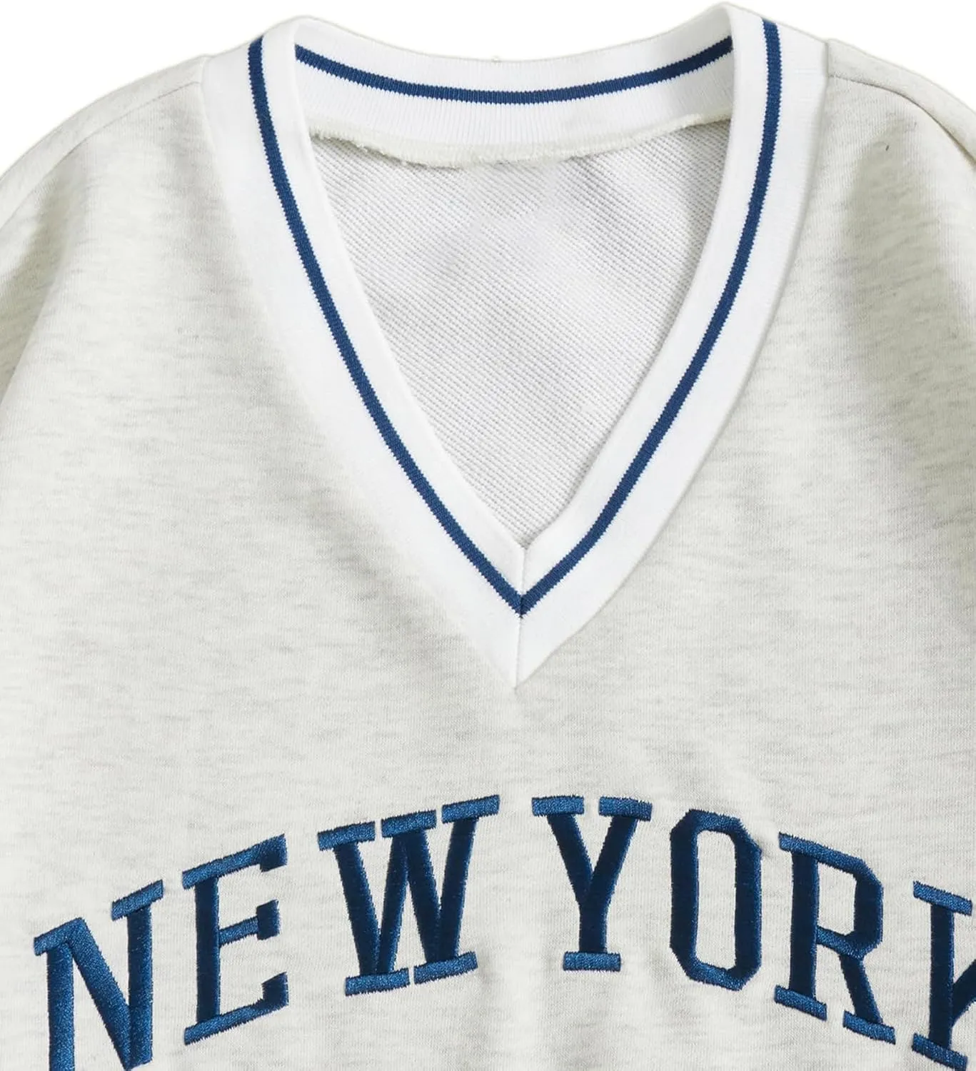 Remidoo Womens New York Embroidered V Neck Sweatshirt Oversized Long Sleeve Pullover Top