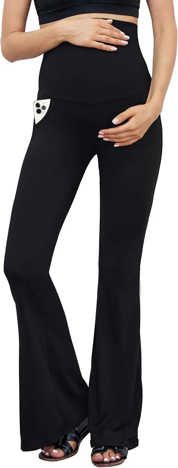 Rheane Maternity Secret Fit Leggings Over The Belly Buttery Soft Bell Bottom Pants with Pockets Maternity Pabts