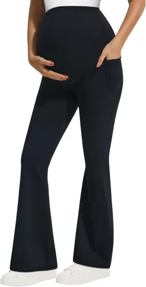 Rheane Maternity Secret Fit Leggings Over The Belly Buttery Soft Bell Bottom Pants with Pockets Maternity Pabts