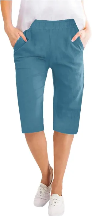 RKSTN Women Half Linen Pants with Pockets Elastic Waist Shorts Summer Beach Capris Solid Straight Wide Leg Knee Length Pant